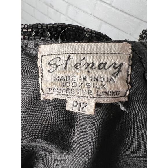 VINTAGE 1970s Stenay 8 Beaded Pearls Sequins Sleeveless Dress 100% Silk Black - Picture 8 of 8